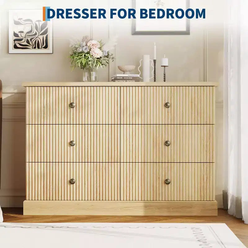 Kommode mit 6 geriffelten Schubladen, 47 Zoll, moderne horizontale Holzkommode mit Metallgriffen, stilvoller Stauraum fürs Schlafzimmer, Gästezimmer oder Apartment