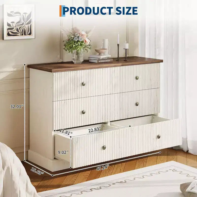 Kommode mit 6 geriffelten Schubladen, 47 Zoll, moderne horizontale Holzkommode mit Metallgriffen, stilvoller Stauraum fürs Schlafzimmer, Gästezimmer oder Apartment