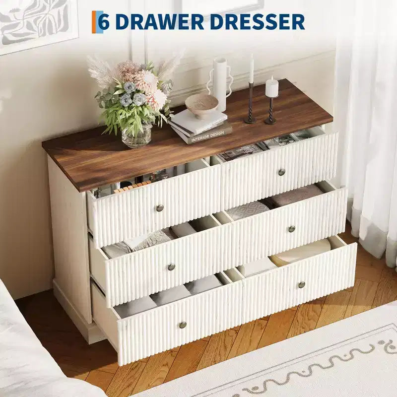 Kommode mit 6 geriffelten Schubladen, 47 Zoll, moderne horizontale Holzkommode mit Metallgriffen, stilvoller Stauraum fürs Schlafzimmer, Gästezimmer oder Apartment