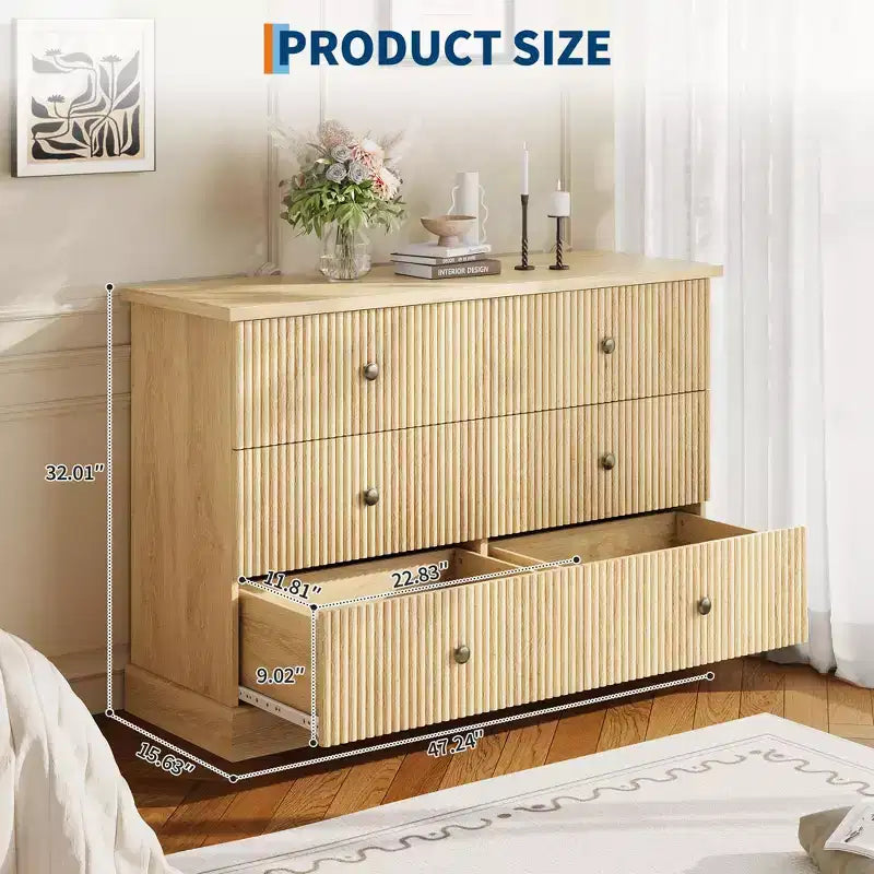 Kommode mit 6 geriffelten Schubladen, 47 Zoll, moderne horizontale Holzkommode mit Metallgriffen, stilvoller Stauraum fürs Schlafzimmer, Gästezimmer oder Apartment