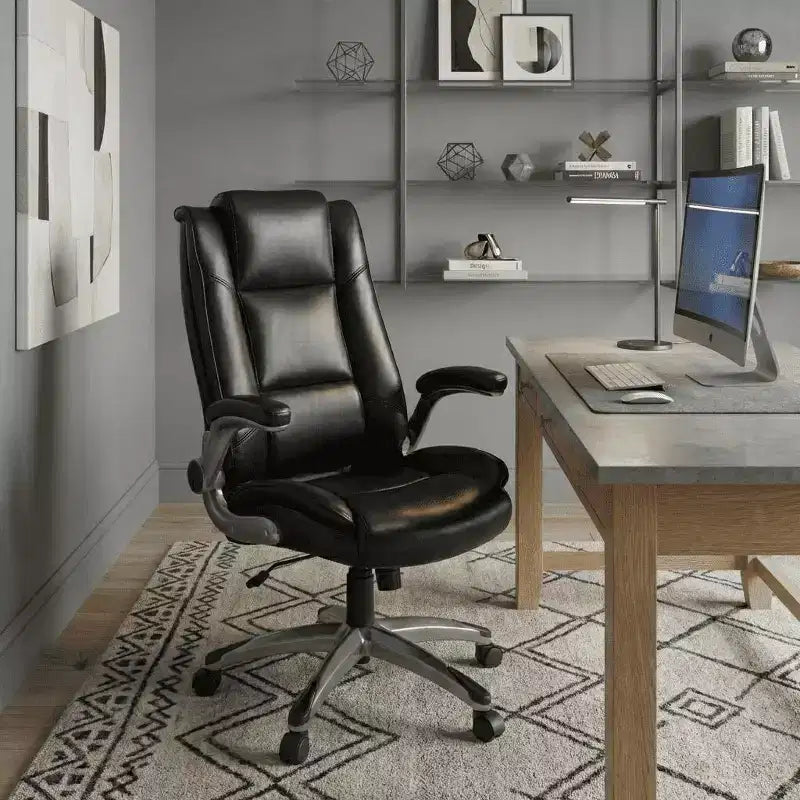 Silla ejecutiva de oficina con respaldo alto, silla de trabajo de cuero con bloqueo de inclinación ajustable y brazos abatibles, ergonómica, negra