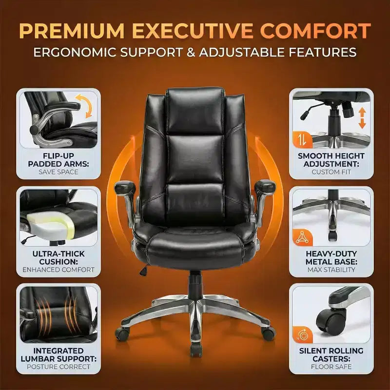 Silla ejecutiva de oficina con respaldo alto, silla de trabajo de cuero con bloqueo de inclinación ajustable y brazos abatibles, ergonómica, negra