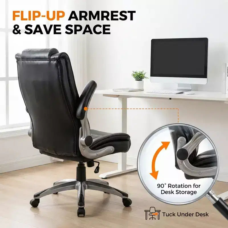 Silla ejecutiva de oficina con respaldo alto, silla de trabajo de cuero con bloqueo de inclinación ajustable y brazos abatibles, ergonómica, negra