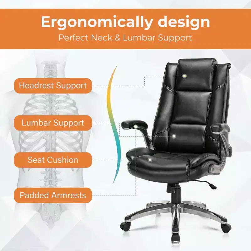 Fauteuil de bureau de direction à dossier haut, siège de travail en cuir avec inclinaison réglable et verrouillable, accoudoirs rabattables, ergonomique, noir