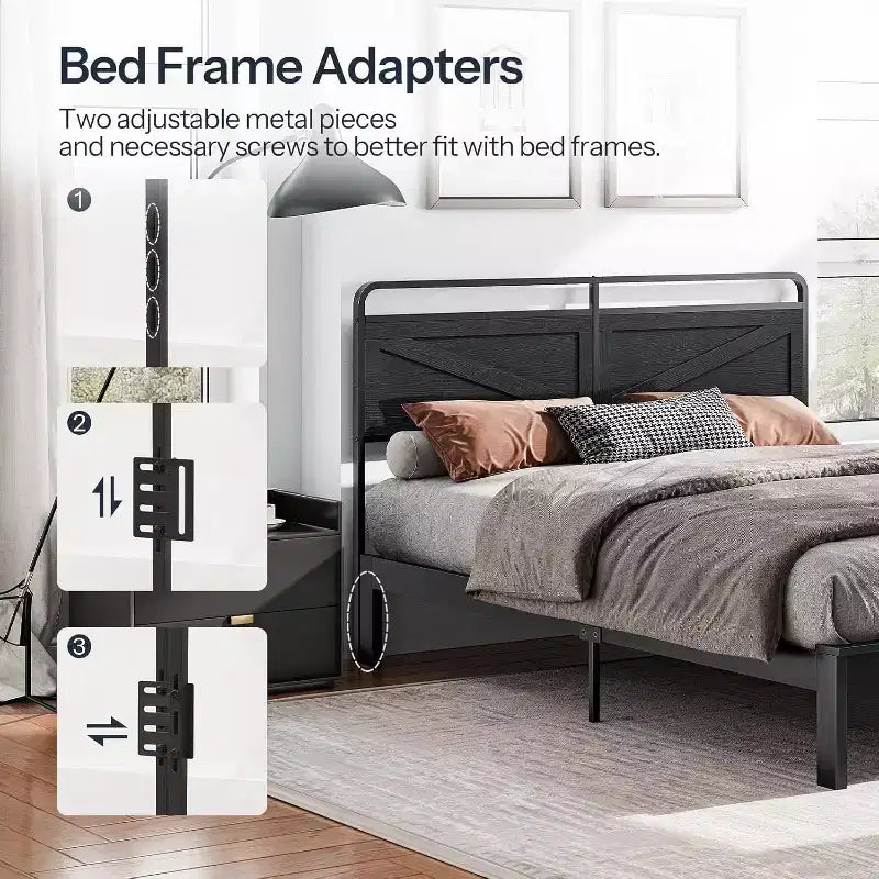 Tête de lit Queen en panneaux de bois, hauteur réglable avec cadre métallique et adaptateur de cadre de lit, tête de lit noire minimaliste