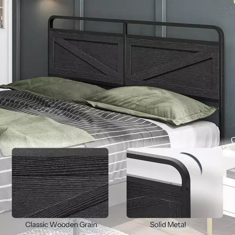 Tête de lit Queen en panneaux de bois, hauteur réglable avec cadre métallique et adaptateur de cadre de lit, tête de lit noire minimaliste
